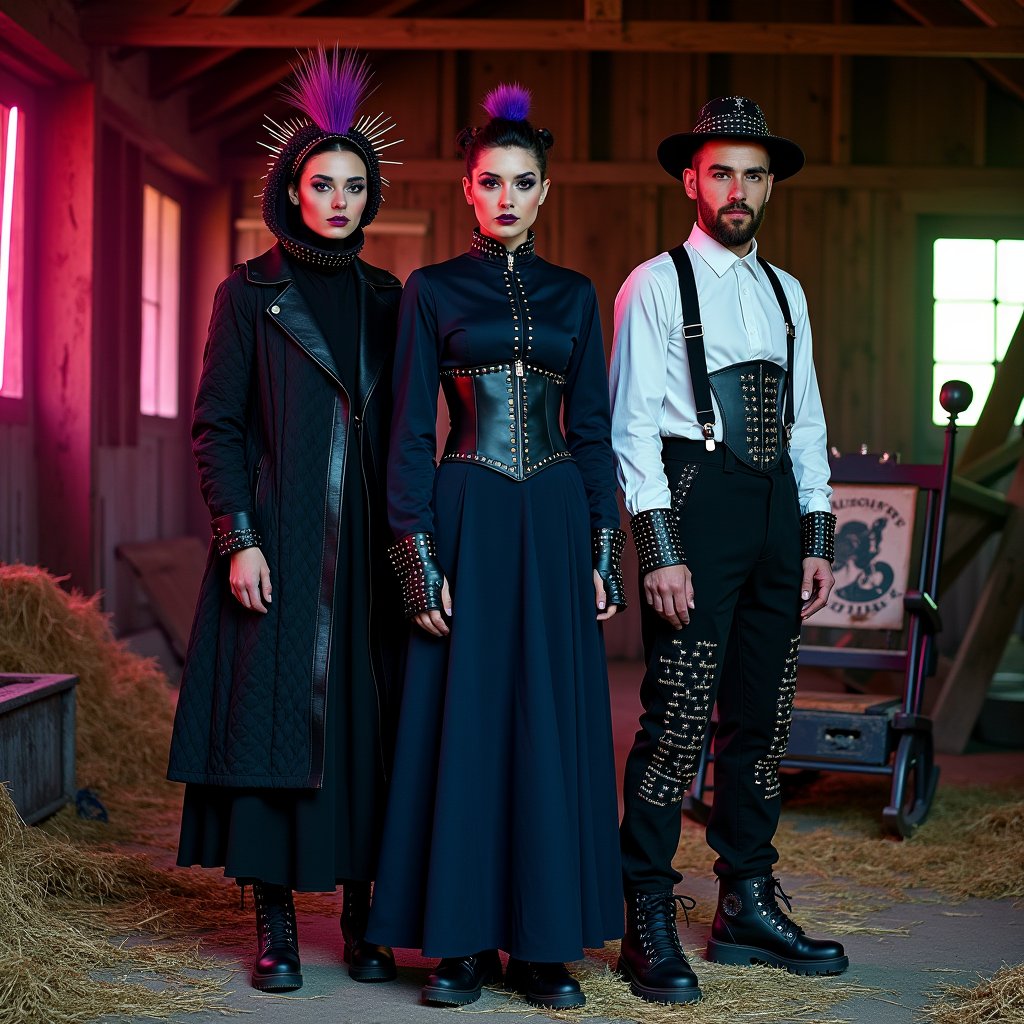 Amish Punk Fashion Photoshoot

Scene: Abandoned barn at twilight, with neon lights casting an otherworldly glow amidst weathered wood, hay bales, and old farm equipment.

Model 1 (Quilted Anarchy): Oversized black quilt coat with leather lapels and cuffs, plain black dress underneath, chunky boots with metal studs, fingerless gloves, and sleek bun with spiked bonnet.

Model 2 (Modest Mohawk): Floor-length navy blue dress with safety pins, black leather corset, combat boots, detachable bonnet with purple mohawk crest, and slicked-back hair.

Model 3 (Barn Raising Rebel): Black suspenders pants with traditional Amish fabric patches, plain white shirt with studs, distressed hat, heavy work boots, and neatly trimmed beard with blue streak.

Makeup: Minimal base makeup with smokey eyes using charcoal, deep purple, and navy colors. Subtle matte finish on lips. Neon eyeliner (green or pink) added for an edgy touch.

Props: Traditional Amish tools modified with punk elements, old-fashioned butter churn with a punk-inspired mural, and vintage rocking chair partially covered in black leather and studs.

Lighting: Warm, golden lighting reminiscent of lantern light, with neon accents in pink and green to create contrast. Experiment with shadows for dramatic silhouettes against the barn walls.

Mood: Contrast and duality between tradition and rebellion, simplicity and complexity. Models' expressions convey stoic determination and defiant energy.