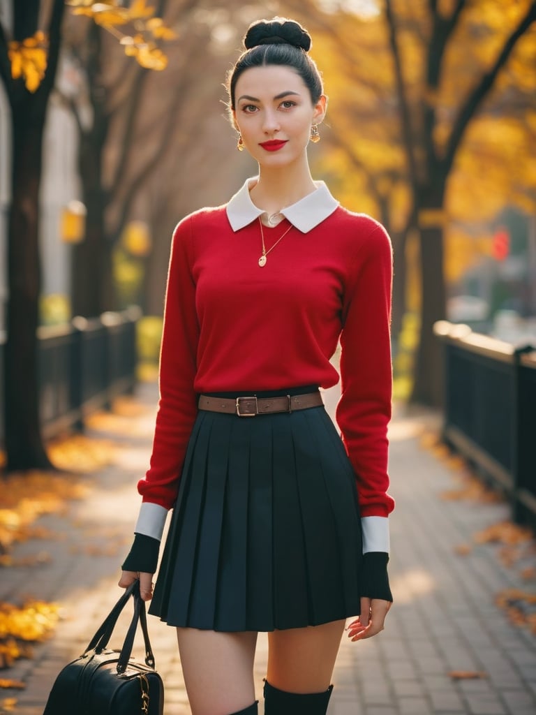 cinematic portrait of vjvx as Olive Oyl, slender beauty in red sweater with white collar, black pleated skirt, yellow band. Neat bun hairstyle in the lower back of her neck, confident pose with oversized brown boots. Blurred backdrop highlights her elegant charm, quirky vibe. Perfect fusion of portrait, cinematic photography.