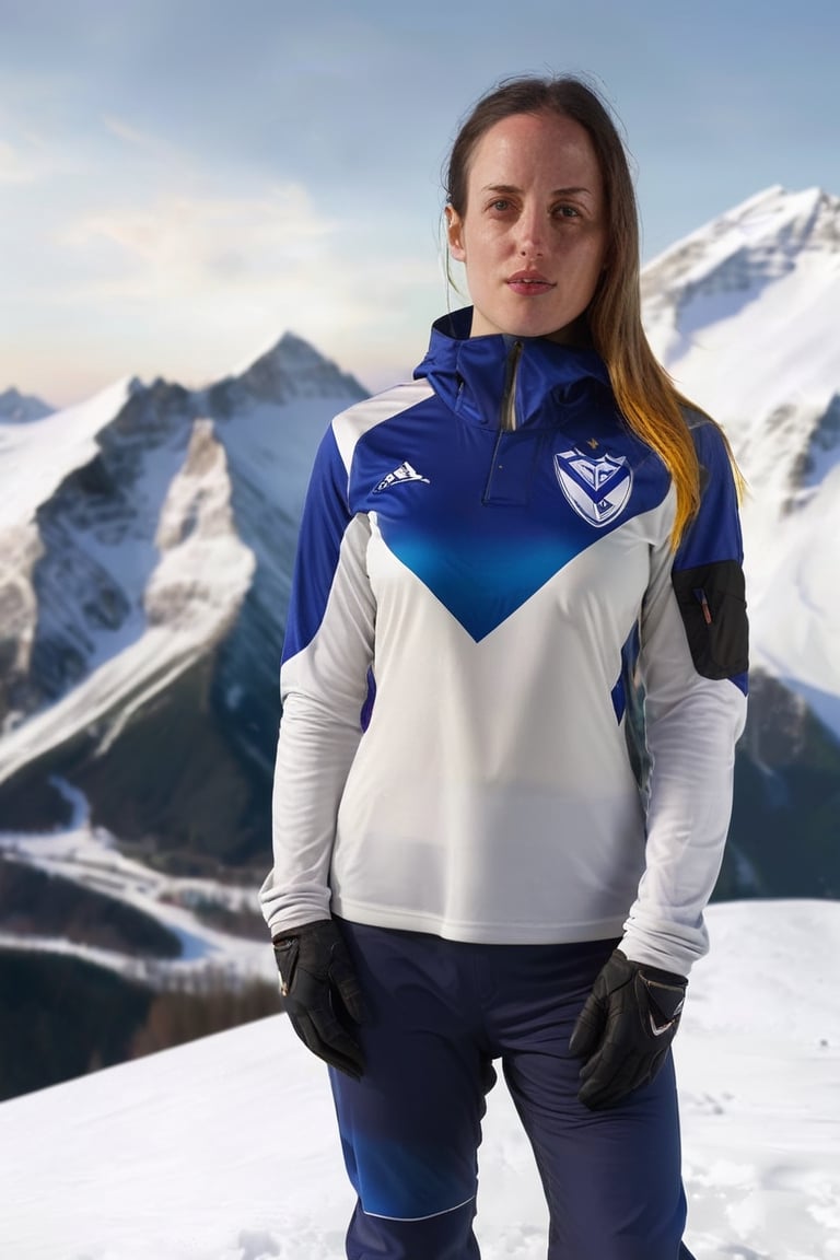 Extremely Realistic photo, Female mrlhgr, wearing a snowboard suit inspired in vlzblnc soccer jersey, stands on a mountain top