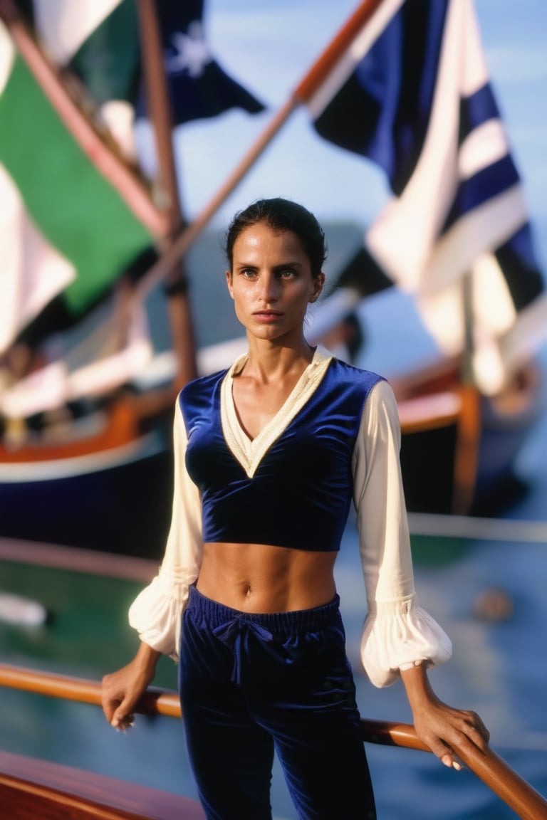 Female rshlf pirate wearing a velvet vlzblnc jersey, stands on a boat deck, photo by Steve McCurry