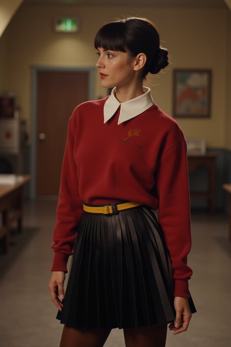 Close up, cinematic portrait of Winona Ryder as Olive Oyl, slender beauty in red sweater with white collar, black pleated skirt, yellow band. Neat bun hairstyle in the lower back of her neck, confident pose with oversized brown boots. Blurred backdrop highlights her elegant charm, quirky vibe. Perfect fusion of portrait, cinematic photography