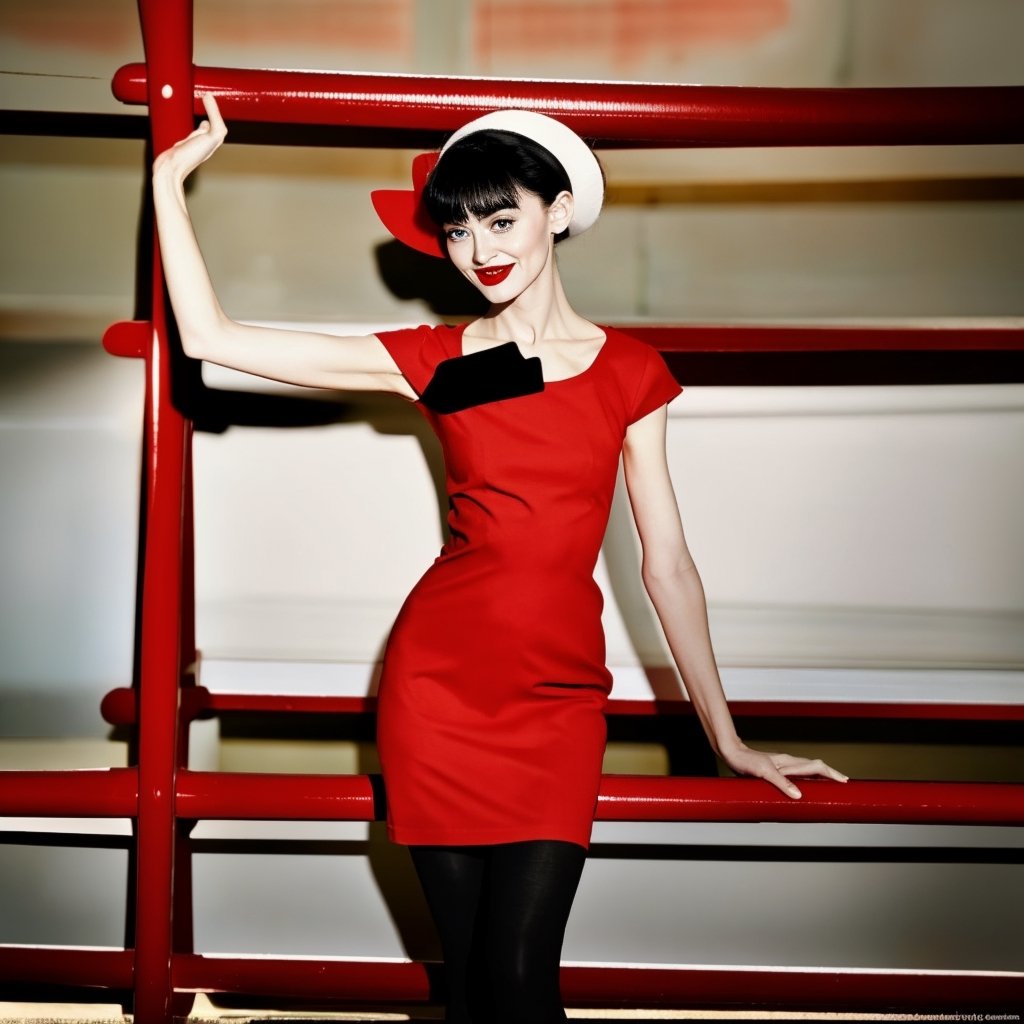 Photo by Annie leibovitz, VJVX taking on the iconic role of Olive Oyl, the beloved character from the Popeye cartoons. Imagine VJVX embodying Olive Oyl's distinct look, characterized by her lanky frame, large round eyes, and signature black bob haircut. Dress her in Olive Oyl's classic attire, including her red dress with white collar and black shoes. VJVX should capture Olive Oyl's unique blend of sweetness, vulnerability, and spunk, bringing her own acting talent to create a charming and endearing portrayal of the character in a modern adaptation of Popeye