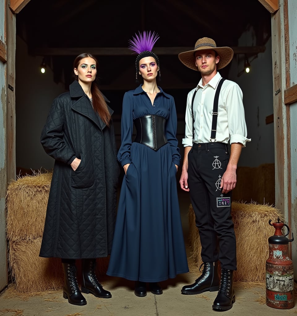 [Image description: A vertical fashion magazine cover featuring the VOGUE logo in bold, large typography at the top. The subtitle The Rise of Amish Punk is written in smaller, edgy font below.]

In this provocative spread, three models embody the unbridled spirit of Amish Punk, posing amidst the rustic backdrop of an abandoned barn at twilight.

[Model 1: Modest Mohawk]

A floor-length navy dress with an asymmetrical hem drapes elegantly around the center model, paired with a black leather corset that adds an edgy touch. The detachable bonnet features a deep purple mohawk crest, while combat boots add to the overall rebellious vibe.

[Model 2: Quilted Anarchy]

The woman on the left sports an oversized black quilt coat with leather accents and subtle anarchist symbols woven into the pattern. A spiked mini-bonnet adds to her punk aesthetic, paired with chunky black boots.

[Model 3: Barn Raising Rebel]

The man on the right wears black suspender pants adorned with Amish fabric patches, a white button-up shirt with studded collar, and rolled-up sleeves. His outfit is completed by a distressed wide-brimmed hat with a studded band and dark brown work boots.

[Makeup and Details:]

Minimal base makeup allows for dramatic eyes to take center stage, accentuated by subtle neon eyeliner hues (green, pink, blue respectively). The focus lies in texture contrasts between smooth skin, rough leather, and soft fabric.

[Props and Background:]

The barn's weathered wood and hay bales provide a rustic backdrop, with a punk-painted butter churn and modified farm tools subtly placed to emphasize the blend of tradition and defiance.

[Text Overlays:]

* Tradition Meets Rebellion: Fashion's New Frontier
* DIY Punk Meets Amish Simplicity
* Modest Mohawks & Quilted Anarchy: Your Guide Inside

[Style and Mood:]

High-contrast, editorial fashion photography blends rustic textures with sleek, modern elements. The atmosphere is one of tension between tradition and defiance.

[Composition:]

The rule of thirds is applied, with the models serving as focal points. Dynamic poses create visual interest and flow, leaving enough negative space for text without obscuring key style elements.