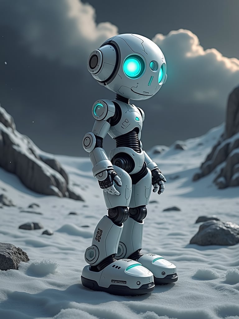 A humanoid robotic android standing on the icy, windswept surface of Neptune, its sleek metallic body reflecting the deep blue of the planet’s atmosphere. The android’s form is highly advanced, with flexible joints and glowing circuitry running along its limbs, designed to withstand the crushing pressure and freezing temperatures. Gale-force winds whip around it, but its stance remains steady, anchored by heavy, magnetized feet. Its glowing, sensor-like eyes scan the horizon, where storm clouds swirl violently in the distance, and methane crystals whip through the air in the relentless wind.