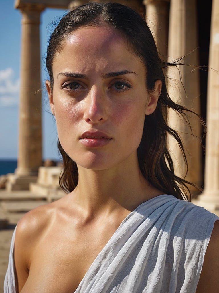 Sweating Nordic Girl, pretty eyes, vlzblnc sensual dress, standing solo, in ancient greece, 8k portrait, highly detailed, cinematic, movie still, photo by Annie leibovitz, dark beach, hard shadows,vlzblnc