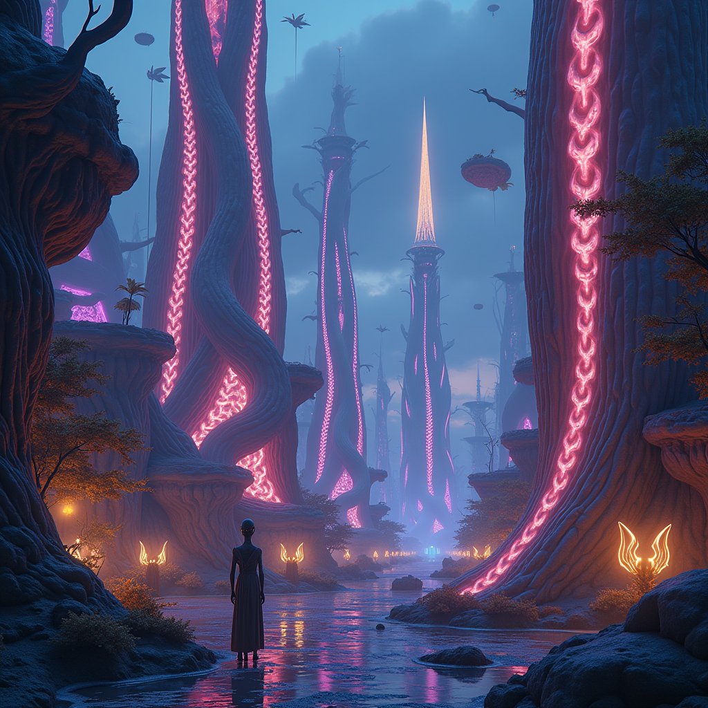 an alien metropolis unfolds beneath a dark, bioluminescent sky. Towering, spire-like structures with twisted, braided textures rise from the ground, their surfaces pulsating with soft hues of pink, purple, and blue. These colossal buildings, composed of organic, shell-like materials, glow with bioluminescent light, illuminating the streets below. The city's pathways wind between the structures, lined with glowing alien flora and abstract, floating orbs that drift through the air, casting faint reflections on the sleek, luminescent surfaces. Suspended fabric-like leaves and ribbons float through the sky, reflecting the soft light from the bioluminescent buildings, creating a surreal, canopy-like effect overhead. The streets are populated by alien beings with braided skin, their glowing eyes casting eerie reflections in the dim, magical light. The architecture blends seamlessly with the landscape, as the city appears to grow organically from the terrain, with bridges made of glowing vines and suspended walkways that connect the towering structures. The atmosphere is dreamlike, with only the bioluminescent flora, the glowing structures, and the inhabitants themselves lighting the way. In the distance, the spire of a central tower rises higher than all others, its glowing tip piercing the dark sky, casting faint light trails that ripple outward like waves in water. The city is alive with a mysterious hum, blending the natural and technological into one mesmerizing, otherworldly vision.