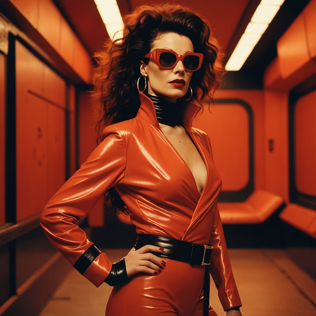 Boudoir, Confident woman in futuristic red outfit with black accents, high collar, and large wrap-around sunglasses. 1980s voluminous hair. Orange backdrop with black symbols, sci-fi, dystopian feel, likely leader or antagonist. Full body, movie still, hard shadows, grainy, analog film, nighttime, faded film, desaturated, 35mm photo.,mrlhgr,Inprdm