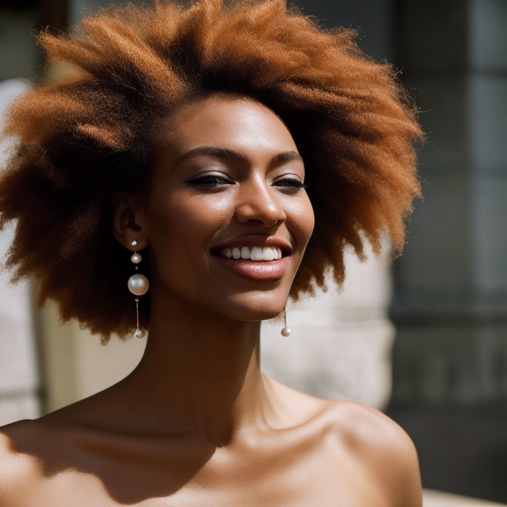 front Portrait Photo afro vjvx, laughing, ginger curly hair, green-eyed, african skin tone, beautiful woman, tattoo model, fine-arts photography, focus, photo by Petter Hegre, pearl earring, glamor pose, profile pose, smooth, sharp, hyper sharp focus, 8k highly detailed, soft lighting, masterpiece, epiC35mm