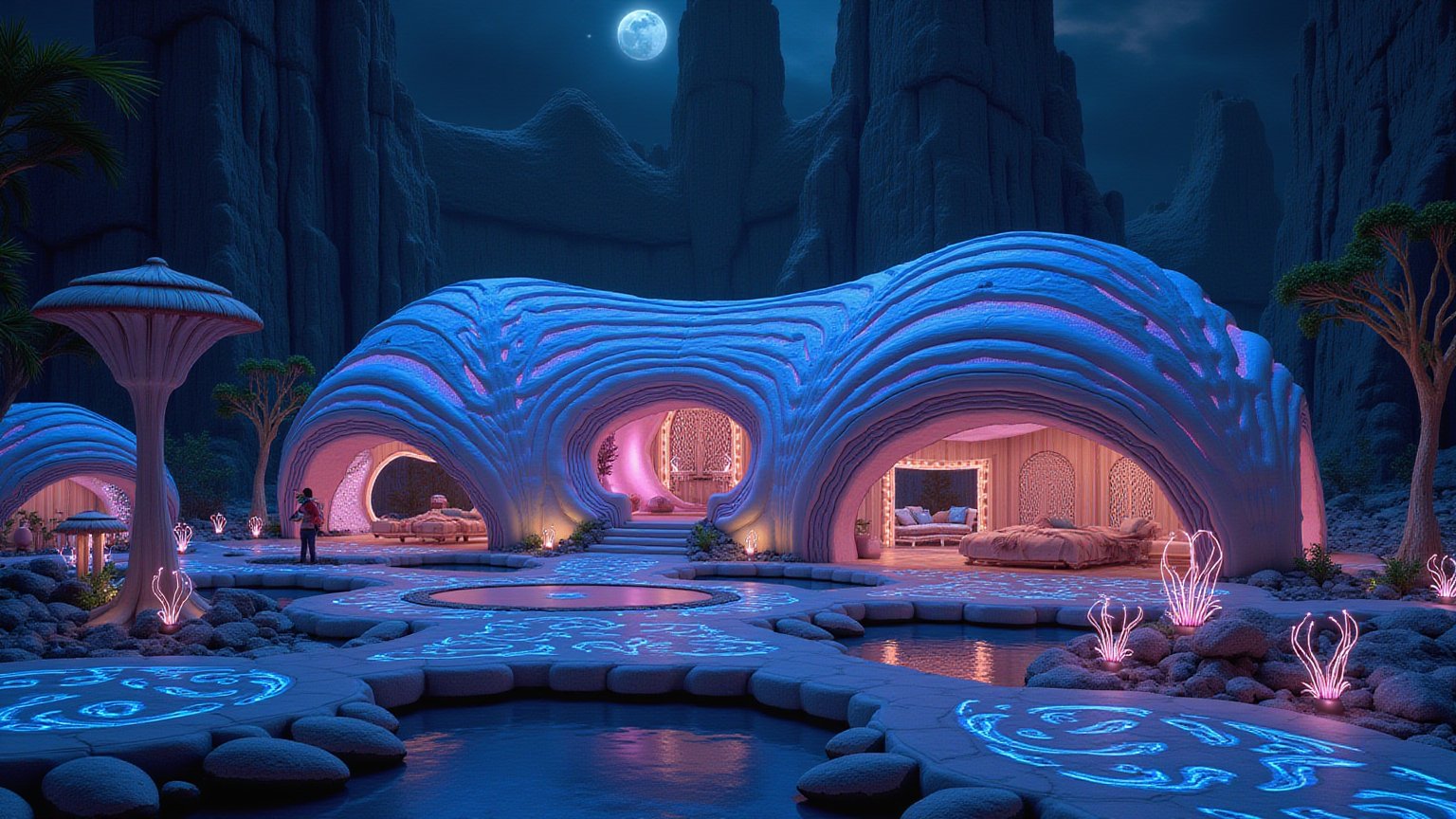 Set against the backdrop of towering bioluminescent structures, a family house emerges from the alien landscape, seamlessly blending into the glowing environment. The home is crafted from organic, shell-like materials, its exterior gently undulating with flowing, braided textures that emit a soft blue and purple glow. The house appears to have grown naturally from the ground, with walls that pulse faintly with bioluminescent light, and large, translucent windows resembling the surface of a shimmering, alien pearl. Twisted, glowing vines wrap around the structure, intertwining with the architecture and forming living walkways and entrances. Outside, a glowing garden surrounds the house, filled with pulsating alien flora that casts a gentle, warm light across the scene. Large, bioluminescent mushrooms and plant-like formations line the pathways, leading to a softly glowing entrance, where the light spills into the interior, creating an ethereal atmosphere. Inside, the home is filled with smooth, flowing lines, where braided, glowing patterns on the walls and floors echo the natural elements of the planet. Floating orbs of light hover in each room, acting as soft, ambient lighting, while the ceilings are draped with translucent, fabric-like materials that float gently, reflecting the glow from the bioluminescent garden outside. In the living area, alien furniture is formed from curved, organic materials, glowing softly in pink and purple hues. A central communal space is filled with a circular, glowing platform where the family gathers, and from the windows, the dark sky reflects the faint light from the floating fabric leaves overhead, creating a sense of serene isolation. The house feels both mystical and cozy, a sanctuary in this strange, glowing world.