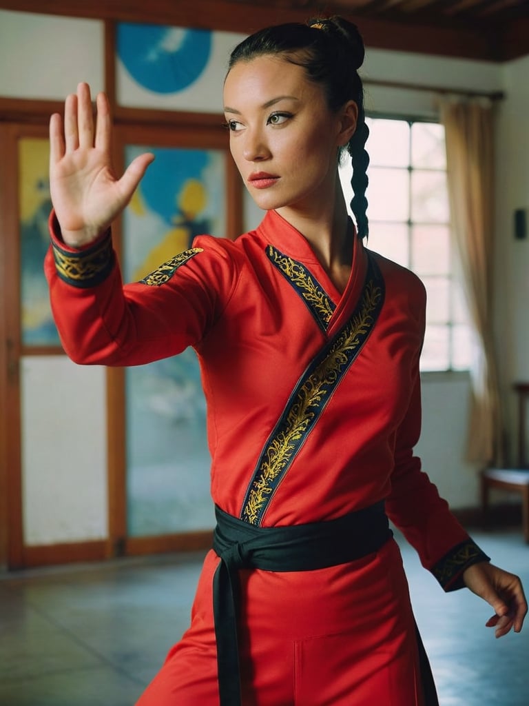 Extremely Realistic Inprdm wearing a vlzblnc kung fu outfit, photo of a female model in modern room, detailed face, surreal cinematic perspective, photo taken with analog film, hyperrealism photoshoot, Vélez Sarsfield uniform ,vlzblnc,Inprdm,