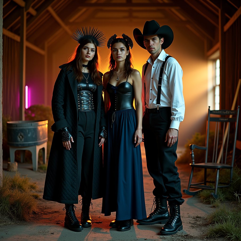 Photoshoot in abandoned barn at twilight. Three models wearing "Amish Punk" fusion fashion:

1. Woman in oversized black quilt coat with leather accents, long plain dress, chunky boots, spiked bonnet.
2. Woman in navy floor-length dress with asymmetrical hem, leather corset, combat boots, detachable mohawk bonnet.
3. Man in black suspender pants, white studded collar shirt, distressed wide-brimmed hat, work boots.

Minimal makeup with subtle neon accents. Props: modified farm tools, punk-painted butter churn, studded rocking chair. Lighting: warm golden tones with neon pink and green highlights. Fog for atmosphere. Mood: contrast between tradition and rebellion.

Style: High-fashion photography, dramatic lighting, detailed textures.