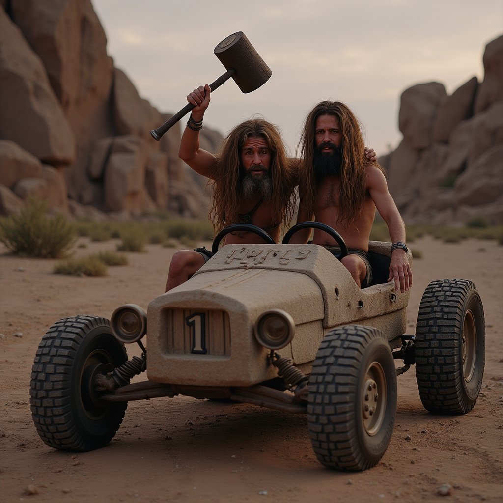 Hasselblad H6D-100c, ultra-realistic detail, soft, cinematic twilight lighting, ISO 100, with a 50mm prime lens.
Two cavemen, **Rock and Gravel**, with extremely long, shaggy hair covering nearly their entire bodies, sit in the **Boulder Mobile**, a prehistoric vehicle carved entirely from stone. Their wild hair flows over their faces and animal-skin loincloths, nearly hiding their forms. One caveman holds a large wooden club above his head, poised to strike the car to power it. The **Boulder Mobile** has massive stone wheels, two rounded stone headlights in front, and the number "1" etched prominently on the side.

The vehicle sits against the backdrop of a rugged prehistoric landscape, with towering boulders and dusty terrain stretching to the horizon. The soft twilight glow bathes the scene in warm, golden-purple hues, casting long shadows and adding a mysterious atmosphere. The twilight lighting highlights the fine textures of their shaggy hair, the rough stone of the car, and the weathered animal skins. The scene blends the whimsical nature of the **Boulder Mobile** with the rich realism of a prehistoric world, balancing gritty detail with humor and cinematic warmth.