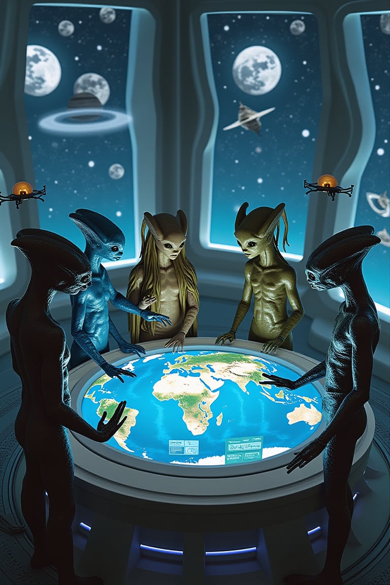 Cinematic movie scene from a sci-fi film:
Four humanoid alien figures stand in a futuristic domed conference room bathed in soft blue light from wall panels. In the center, a large circular holographic table projects a 3D image of Earth.

Zax, the ocean explorer with iridescent blue skin and large black eyes, wears a suit of shiny scales.

Nyla, the desert explorer with golden textured skin and flowing dune-like hair, dons an ochre-colored tunic.

Kron, the jungle explorer, has vibrant green skin with leaf and vine patterns, and small flowers sprouting from his skin. His clothing is a blend of living plants and organic fabric.

Vex, the city explorer, boasts a polished metallic body with geometric lines, LED eyes displaying shifting urban patterns, and a suit blending executive attire with electronic circuits.

They stand around the holographic table, pointing at different parts of Earth with luminescent fingers, expanding areas to show detailed images of oceans, deserts, jungles, and cities.

Large windows in the background reveal an alien sky with two moons and planetary rings. Light from the moons creates fascinating shadows and reflections on the explorers.

Floating panels display data, graphics, and Earth images, while small spherical drones hover around, recording and projecting additional details.