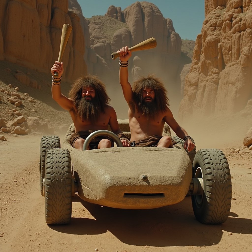 A cinematic medium shot of two cavemen with long, shaggy hair, named Rock and Gravel, seated in the Boulder Mobile, a prehistoric car made entirely of stone. The cavemen's hair covers their faces and animal-skin loincloths, obscuring most of their forms beneath thick, unruly locks. One caveman raises a large wooden club high above his head, ready to strike the stone car to power it forward. The background reveals a rocky and barren prehistoric landscape with towering boulders, dusty terrain, and a warm, golden light that casts long shadows across the scene.