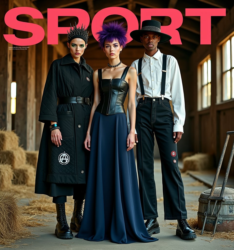 stunning sport magazine cover showcasing the fusion of Amish culture and punk attitude. The scene is set in an abandoned barn at twilight, with warm golden lighting and neon pink and green accents.

In the center, a woman poses in a floor-length navy dress with an asymmetrical hem, black leather corset over dress, and detachable bonnet with a deep purple mohawk crest. She's positioned slightly forward, gazing directly at the camera.

On the left, another woman stands in oversized black quilt coat with leather accents and anarchist symbols, spiky mini-bonnet, and chunky black boots. She's turned slightly towards the center, her profile partly visible.

On the right, a man poses in black suspender pants with Amish fabric patches, white button-up shirt with studded collar, rolled up sleeves, and distressed wide-brimmed hat with studded band. He's angled towards the center, his face partially obscured by the hat brim.

The models' makeup is minimal with dramatic eyes, featuring subtle neon eyeliner accents in green, pink, and blue respectively. The focus is on texture contrasts between smooth skin, rough leather, and soft fabric.

In the background, visible barn interior details include weathered wood and hay bales. A punk-painted butter churn sits in the foreground, along with modified farm tools like a pitchfork with chains.

The text overlays read: Tradition Meets Rebellion: Fashion's New Frontier, DIY Punk Meets Amish Simplicity, and Modest Mohawks & Quilted Anarchy: Your Guide Inside.

Style and mood are high-contrast, editorial fashion photography, blending rustic textures with sleek modern elements. The atmosphere is one of tension between tradition and defiance.

Composition follows the rule of thirds, with models as focal points, dynamic poses creating visual interest, and enough negative space for text without obscuring key style elements.