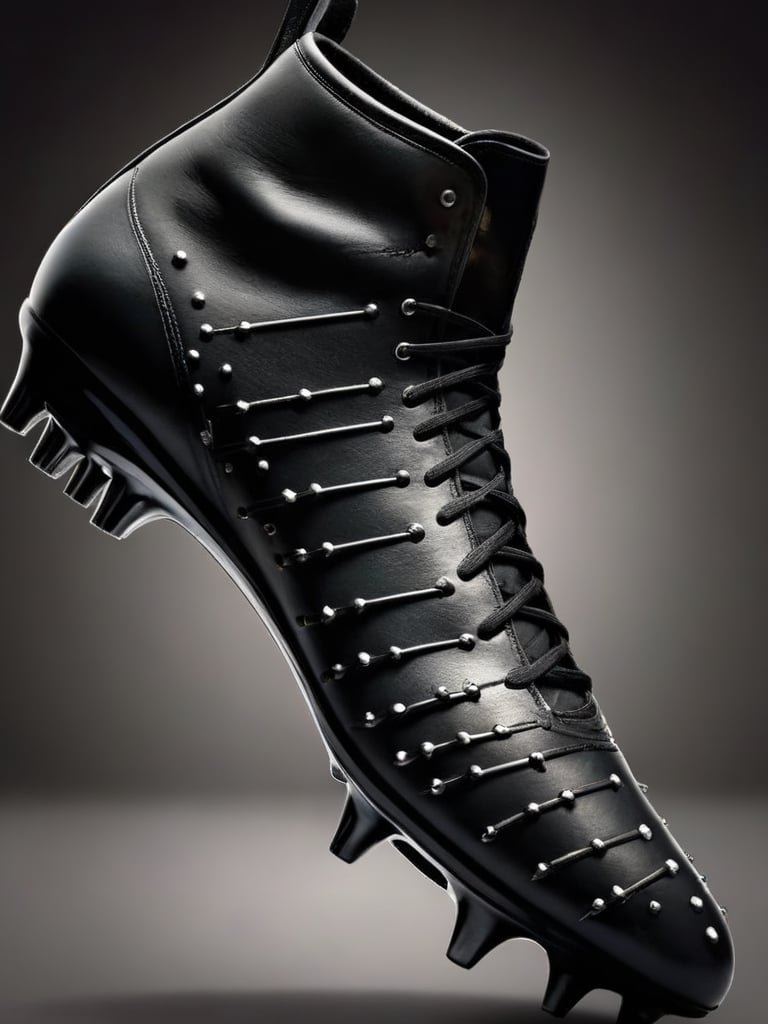 A striking photograph of a cutting-edge soccer cleat that embodies the essence of nu goth fashion. The sleek, all-black design seamlessly merges athleticism with the alternative. The matte black leather upper is soft to the touch yet durable for play, while intricate stitching patterns evoke gothic architecture. Velvet ribbon laces replace traditional laces, drawing inspiration from Victorian mourning attire. Metallic silver studs on the sole contrast with the dark upper, hinting at industrial influences. The cleat's modern silhouette features a pointed toe reminiscent of winklepickers. This is the perfect footwear for those who dare to stand out on the field, blending the rebellious spirit of nu goth with the performance of professional soccer gear.