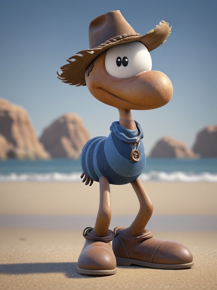 3d render of a cowboy clmnt character, walking on the beach, wearing a velez sarsfield jumper, sweating, in the style of disney pixar and chuck jones, velvet texture, westworld background, wearing cowboy boots