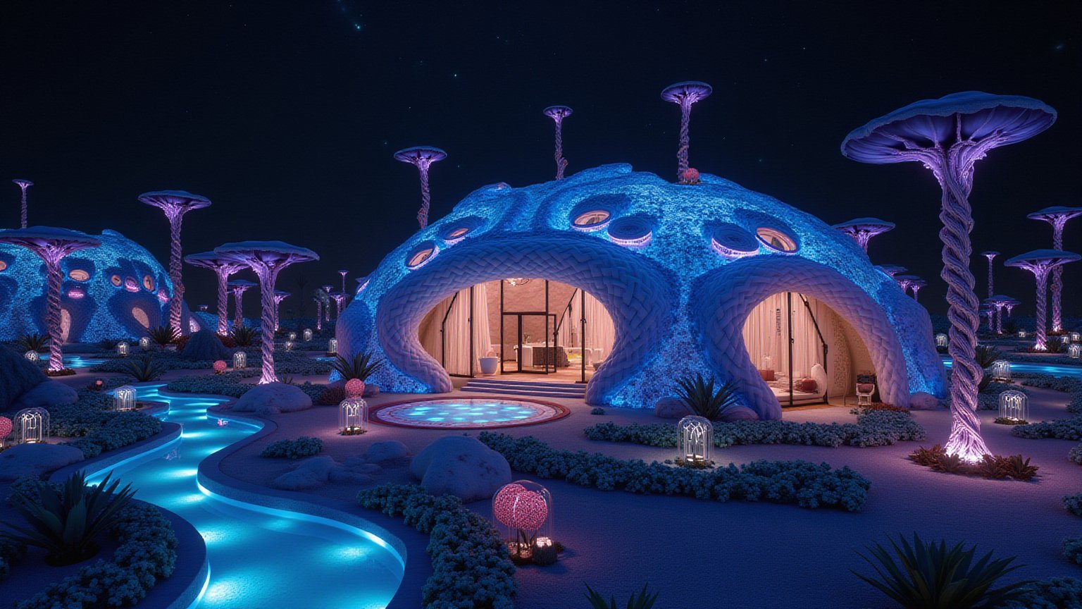 Set against the backdrop of towering bioluminescent structures, a family house emerges from the alien landscape, seamlessly blending into the glowing environment. The home is crafted from organic, shell-like materials, its exterior gently undulating with flowing, braided textures that emit a soft blue and purple glow. The house appears to have grown naturally from the ground, with walls that pulse faintly with bioluminescent light, and large, translucent windows resembling the surface of a shimmering, alien pearl. Twisted, glowing vines wrap around the structure, intertwining with the architecture and forming living walkways and entrances. Outside, a glowing garden surrounds the house, filled with pulsating alien flora that casts a gentle, warm light across the scene. Large, bioluminescent mushrooms and plant-like formations line the pathways, leading to a softly glowing entrance, where the light spills into the interior, creating an ethereal atmosphere. Inside, the home is filled with smooth, flowing lines, where braided, glowing patterns on the walls and floors echo the natural elements of the planet. Floating orbs of light hover in each room, acting as soft, ambient lighting, while the ceilings are draped with translucent, fabric-like materials that float gently, reflecting the glow from the bioluminescent garden outside. In the living area, alien furniture is formed from curved, organic materials, glowing softly in pink and purple hues. A central communal space is filled with a circular, glowing platform where the family gathers, and from the windows, the dark sky reflects the faint light from the floating fabric leaves overhead, creating a sense of serene isolation. The house feels both mystical and cozy, a sanctuary in this strange, glowing world.