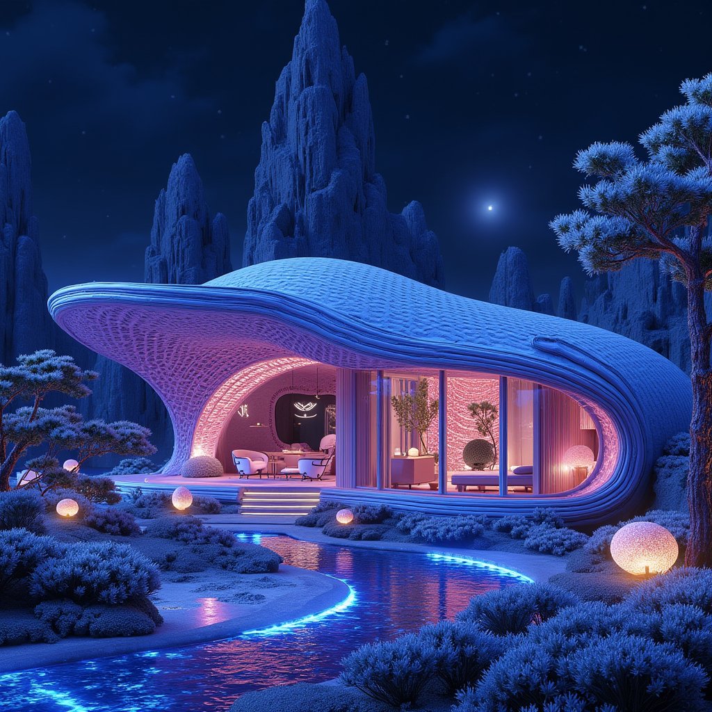 Set against the backdrop of towering bioluminescent structures, a family house emerges from the alien landscape, seamlessly blending into the glowing environment. The home is crafted from organic, shell-like materials, its exterior gently undulating with flowing, braided textures that emit a soft blue and purple glow. The house appears to have grown naturally from the ground, with walls that pulse faintly with bioluminescent light, and large, translucent windows resembling the surface of a shimmering, alien pearl. Twisted, glowing vines wrap around the structure, intertwining with the architecture and forming living walkways and entrances. Outside, a glowing garden surrounds the house, filled with pulsating alien flora that casts a gentle, warm light across the scene. Large, bioluminescent mushrooms and plant-like formations line the pathways, leading to a softly glowing entrance, where the light spills into the interior, creating an ethereal atmosphere. Inside, the home is filled with smooth, flowing lines, where braided, glowing patterns on the walls and floors echo the natural elements of the planet. Floating orbs of light hover in each room, acting as soft, ambient lighting, while the ceilings are draped with translucent, fabric-like materials that float gently, reflecting the glow from the bioluminescent garden outside. In the living area, alien furniture is formed from curved, organic materials, glowing softly in pink and purple hues. A central communal space is filled with a circular, glowing platform where the family gathers, and from the windows, the dark sky reflects the faint light from the floating fabric leaves overhead, creating a sense of serene isolation. The house feels both mystical and cozy, a sanctuary in this strange, glowing world.