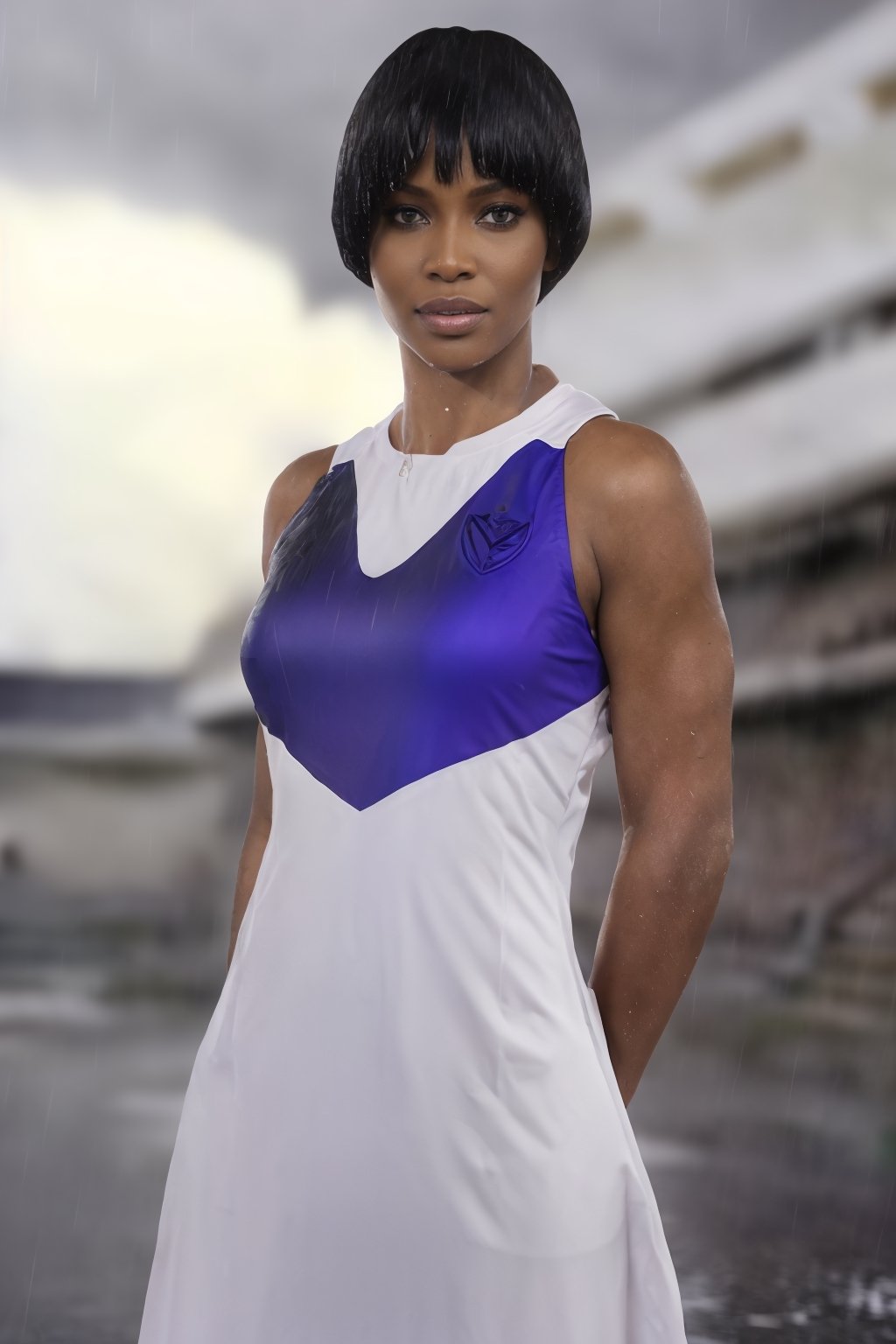 Full body photo, rule of thirds, dramatic lighting, medium hair, ((Best quality, 8k, Masterpiece: 1.3)), Sharp focus: 1.2, Naomi Campbell as a strong woman: 1.4, Strong abdomen: 1.2, ((smooth haircut, Large muscles: 1.2)), (vlzblnc dress wet by rain: 1.6), (Rain, street: 1.2), Wet body: 1.1, Highly detailed face and skin texture,  Detailed eyes, tanned skin, on the estadio Jose Amalfitani
,realism,realistic,raw,analog,woman,portrait,photorealistic,analog,realism, vlzblnc jersey