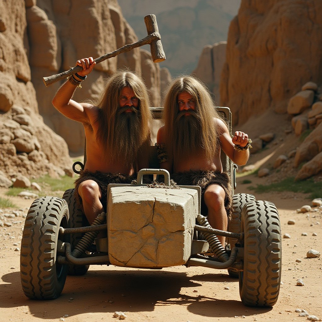 Hasselblad H6D-100c, ultra-realistic detail, soft, warm cinematic lighting, ISO 100, with a 50mm prime lens.
Two cavemen, **Rock and Gravel**, with extremely long, shaggy hair covering nearly their entire bodies, are seated in the **Boulder Mobile**, a prehistoric car made entirely of stone. Their wild, unkempt hair flows over their faces and animal-skin loincloths, obscuring most of their forms beneath thick, unruly locks. One caveman raises a large wooden club high above his head, ready to strike the stone car to power it forward.

The **Boulder Mobile** features massive stone wheels and a crudely carved stone body, rough with natural textures. The prehistoric landscape behind them is rocky and barren, with towering boulders, dusty terrain, and a warm, golden light that casts long shadows across the scene. The lighting accentuates the ultra-realistic detail, focusing on the texture of their long hair, the rough stone of the car, and the animal skins. The scene captures the gritty, ancient feel of a prehistoric world, blending humor and realism with a rich cinematic atmosphere.