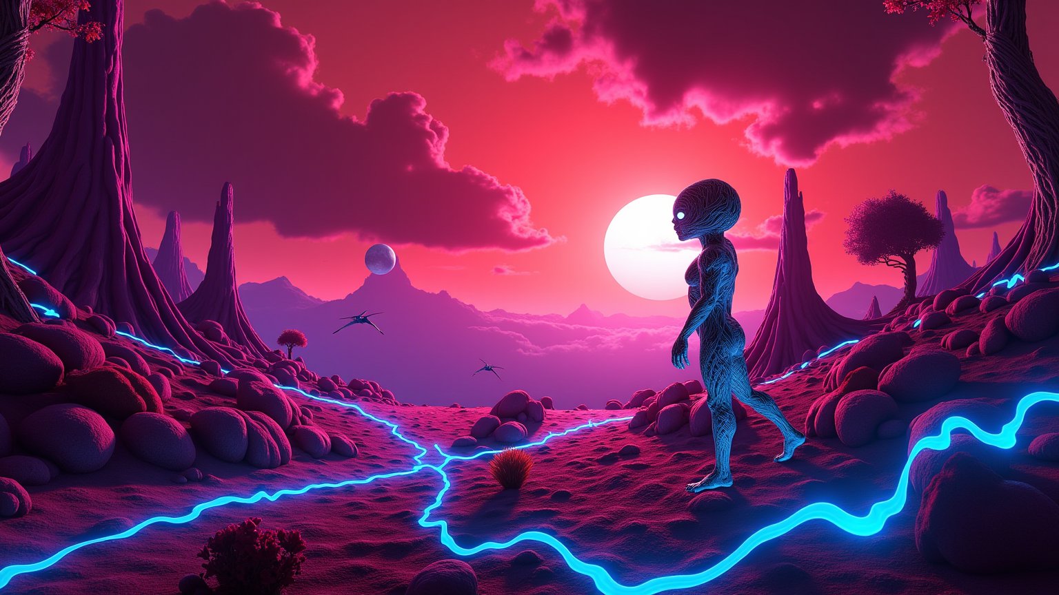 A breathtaking, otherworldly landscape reveals an alien planet with a surreal and captivating atmosphere. Rich hues of red, purple, and blue dominate the scene, where undulating, shell-like formations glow softly with bioluminescent light, casting intricate shadows across the terrain. Lofty, spire-like structures and towering, twisted trees with braided, glowing roots stretch across the ground, blending with the alien flora that emits vibrant pink, purple, and blue-green light. Floating orbs and abstract, ribbon-like shapes drift in the air, leaving faint trails of light as they move through the mystical, dreamlike forest. An alien bird-like creature soars across the sky, silhouetted against the vivid reds and purples of a transitioning sunset, with rays of volumetric light cutting through the bioluminescent landscape. Amidst this eerie beauty, a striking alien being walks through the terrain. Its body, entirely composed of intricate braided skin, shimmers in the dim light, with glowing eyes reflecting intelligence and curiosity. The alien traverses an uncomfortable dark planet where bioluminescent flora pulsates underfoot, while the sky above is obscured by clouds made of floating fabric scraps, further enhancing the alien world's ethereal and mysterious atmosphere.