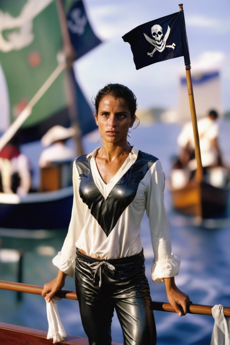 Female rshlf pirate wearing a wet vlzblnc jersey, stands on a boat deck, photo by Steve McCurry