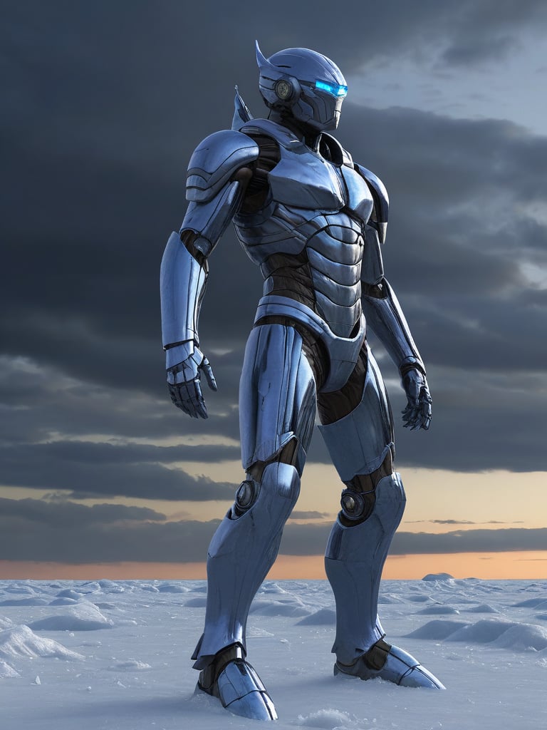  lndr as A humanoid android, its metallic body polished to a reflective sheen, stands on the desolate surface of Neptune, enduring the planet's hostile conditions. The android’s design is aerodynamic yet sturdy, with reinforced joints and glowing circuits that pulse faintly in the deep blue haze of the atmosphere. Despite the fierce, high-speed winds and swirling methane clouds that tear through the frozen landscape, the android remains unshaken, its advanced systems compensating for the brutal environment. Icy frost gathers on its outer shell, while its glowing eyes scan the distance, watching as storm clouds roil violently above.
