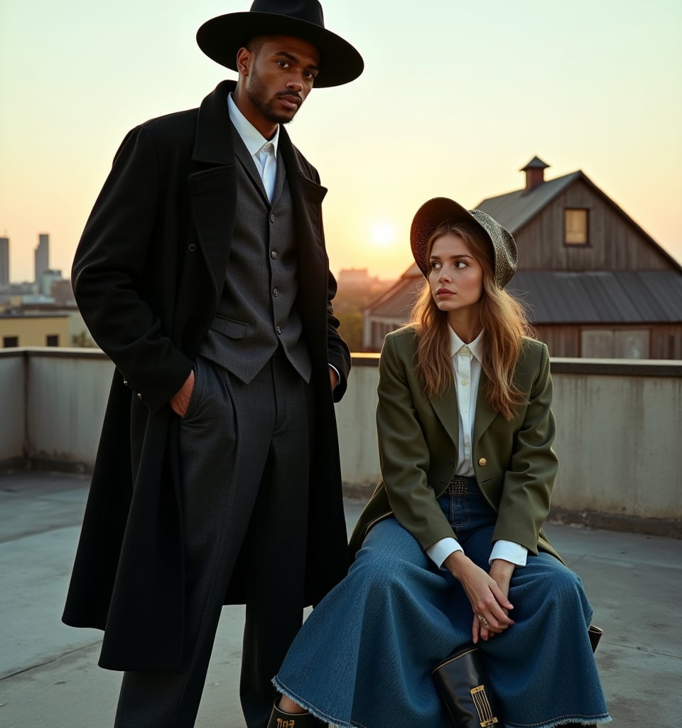 Here's the prompt:

A fusion of hip-hop culture and Amish tradition comes together on this magazine cover. The urban rooftop setting, bathed in warm golden hour light, features a city skyline and a traditional Amish-style barn structure in the background. Standing slightly angled, the male model wears an oversized black wool coat, charcoal satin vest, wide-leg dark denim trousers, and a black felt hat, with a contemplative expression. Seated beside him, the female model sports a floor-length denim skirt, muted green jacket, white blouse, and an Amish-inspired bonnet with metallic sheen, crossing her legs to showcase boots with gold detailing. The models are positioned off-center, with negative space on one side for magazine title and headlines. The composition features depth created by the cityscape in the background. Warm golden hour sunlight highlights the silhouettes, with soft fill light bringing out details in darker clothing items. The color palette includes black, white, earth tones, and pops of gold from accessories and sunset light, contrasting with blue tones from the sky and distant cityscape. This image captures a blend of urban edge and rural serenity, tension between tradition and modernity, quiet confidence, and contemplation.