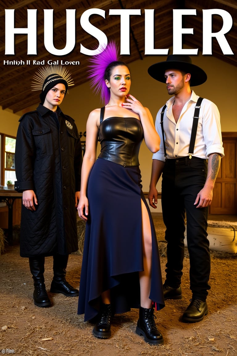 Amish Punk Magazine Cover:
a high-fashion magazine cover showcasing the new "Amish Punk" style:
Layout:
- Vertical format, typical of fashion magazines
- Title at top: "Hustler" in large, bold typography
- Subtitle: "The Rise of Amish Punk" in smaller, edgy font
Main Image:
- Three models posed in an abandoned barn at twilight
- Fog machine haze for atmospheric effect
- Warm golden lighting with neon pink and green accents
Models and Styling:
1. Center (Modest Mohawk):
   - Woman in floor-length navy dress with asymmetrical hem
   - Black leather corset over dress
   - Detachable bonnet with deep purple mohawk crest
   - Combat boots
   - Positioned slightly forward, gazing directly at camera
2. Left (Quilted Anarchy):
   - Woman in oversized black quilt coat with leather accents
   - Coat pattern subtly incorporates anarchist symbols
   - Spiked mini-bonnet
   - Chunky black boots
   - Turned slightly towards center, profile partly visible
3. Right (Barn Raising Rebel):
   - Man in black suspender pants with Amish fabric patches
   - White button-up with studded collar, sleeves rolled up
   - Distressed wide-brimmed hat with studded band
   - Dark brown work boots
   - Angled towards center, face partially obscured by hat brim
Makeup and Details:
- Minimal base makeup with dramatic eyes
- Subtle neon eyeliner accents (green, pink, blue respectively)
- Focus on texture contrasts: smooth skin, rough leather, soft fabric
Props and Background:
- Visible barn interior with weathered wood and hay bales
- Punk-painted butter churn in foreground
- Modified farm tools (pitchfork with chains) subtly placed
Text Overlays:
- "Tradition Meets Rebellion: Fashion's New Frontier"
- "DIY Punk Meets Amish Simplicity"
- "Modest Mohawks & Quilted Anarchy: Your Guide Inside"
Style and Mood:
- High-contrast, editorial fashion photography
- Blend of rustic textures and sleek, modern elements
- Atmosphere of tension between tradition and defiance. Composition:
- Rule of thirds with models as focal points
- Dynamic poses creating visual interest and flow
- Enough negative space for text without obscuring key style elements