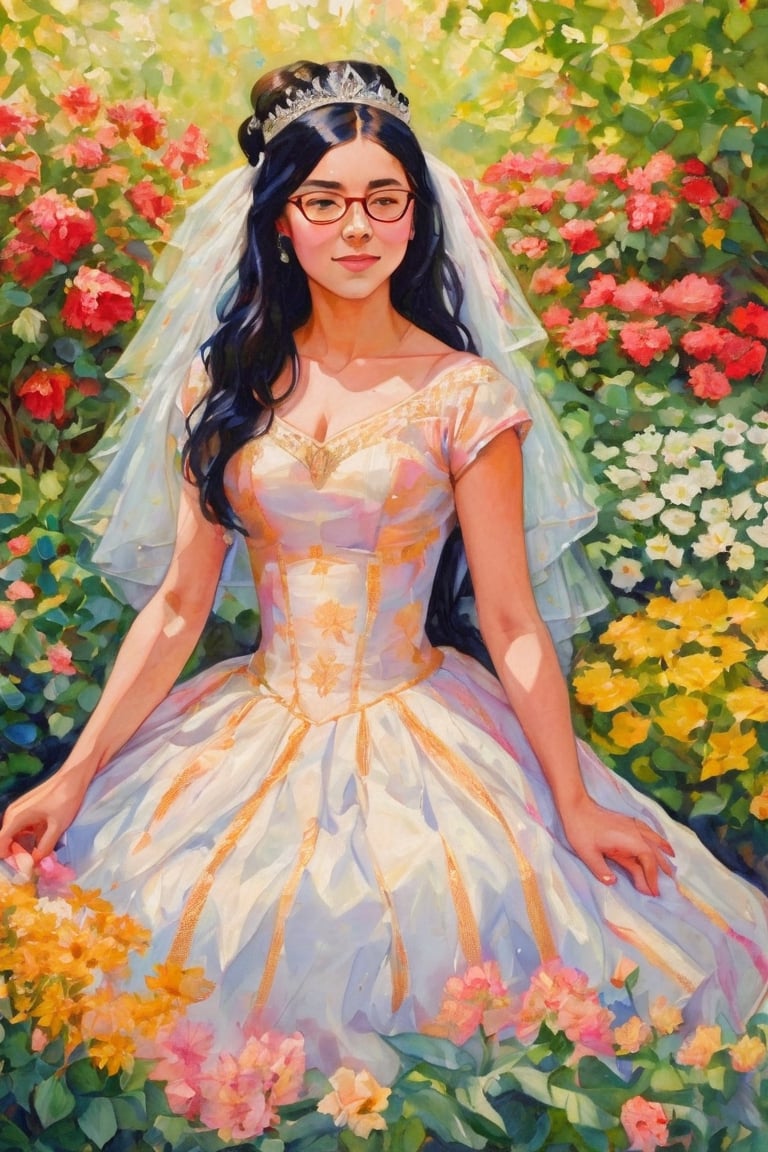  sk3tch of a portrait of the (full body:1.5) of a beautiful 15 years old white girl with straight black hair wearing glasses,v0ng44g (by Alyssa Monks:1.1), by Joseph Lorusso, by Lilia Alvarado, smiling happy, wearing a tiara and a quinceañera dress, sitting on a garden full of flowers on a sunny day,  sharp focus, 8k, high res, (pores:0.1), (sweaty:0.8), Masterpiece,