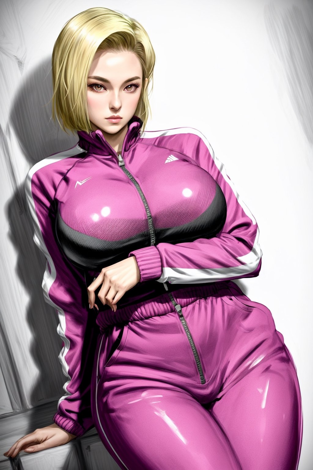 Very White pale skin "android 18" with voluptuous  body with wide hips and  thick thighs, wearing heavy makeup, blonde short hair, big breasts, wearing a "fuchsia track suit jacket" and "fuchsia long sleeves track long pants" with white line across the sleeves, pants pulled down, Amateur photo, best quality, (totally unaware:1.1), low angle, detailed body, detailed skin, from above 