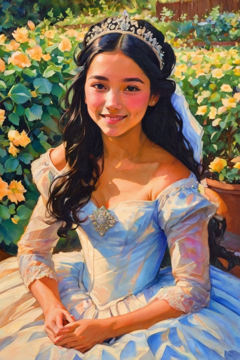  sk3tch of a portrait of the (full body:1.5) of a beautiful 15 years old white girl with straight black hair wearing glasses,v0ng44g (by Alyssa Monks:1.1), by Joseph Lorusso, by Lilia Alvarado, smiling happy, wearing a tiara and a quinceañera dress, sitting on a garden full of flowers on a sunny day, from far above,  sharp focus, 8k, high res, (pores:0.1), (sweaty:0.8), Masterpiece,