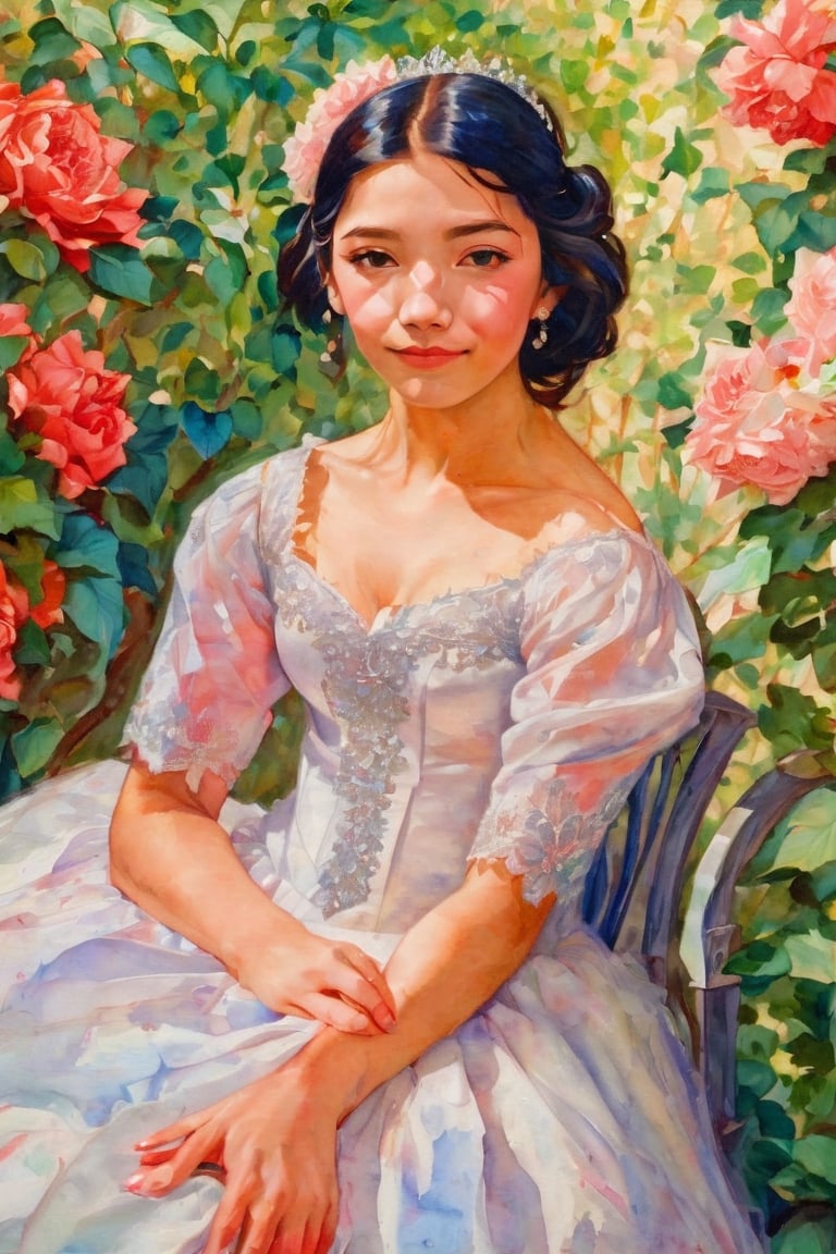  sk3tch of a portrait of the (full body:1.5) of a beautiful 15 years old white girl with straight black hair wearing glasses,v0ng44g (by Alyssa Monks:1.1), by Joseph Lorusso, by Lilia Alvarado, smiling happy, wearing a tiara and a quinceañera dress, sitting on a garden full of flowers on a sunny day,  sharp focus, 8k, high res, (pores:0.1), (sweaty:0.8), Masterpiece,