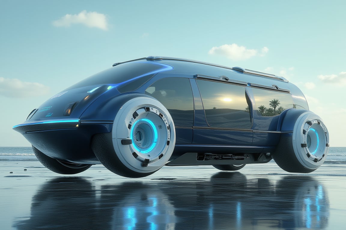 Detailed redesigned futuristic concept take on a retro futuristic 2050 VW camper flying hover van that which is longer and wider it has blue glowing antigravity tires that are folded underneath the van on there sides so hubcaps are facing the ground and it's hovering 3'ft above the ground,  on the beach with palm trees in the background 3D Game Cinematic Feel, Epic 3D Videogame Graphics, Intricately Detailed, 8K Resolution, Dynamic Lighting, Unreal Engine 5, CryEngine, masterpiece,best quality,official art, extremely detailed CG unity 8k wallpaper,absurdres,8k resolution,Cinematic Lighting