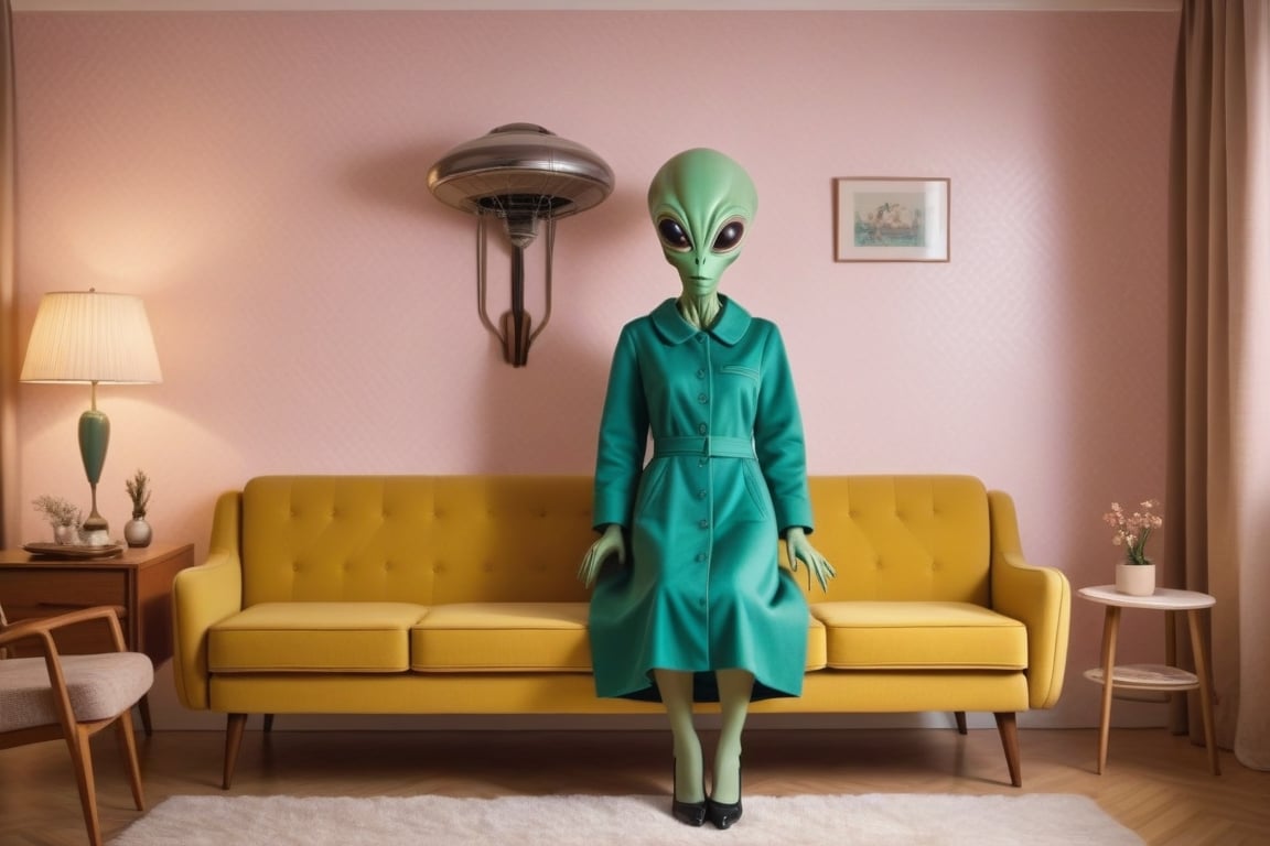 Scene of a 1950's livingroom with an alien sitting on the couch, on a coat rack beside the couch is flat full body housewife costume on a hanger, Photorealistic, cinematic, 8k wallpaper 