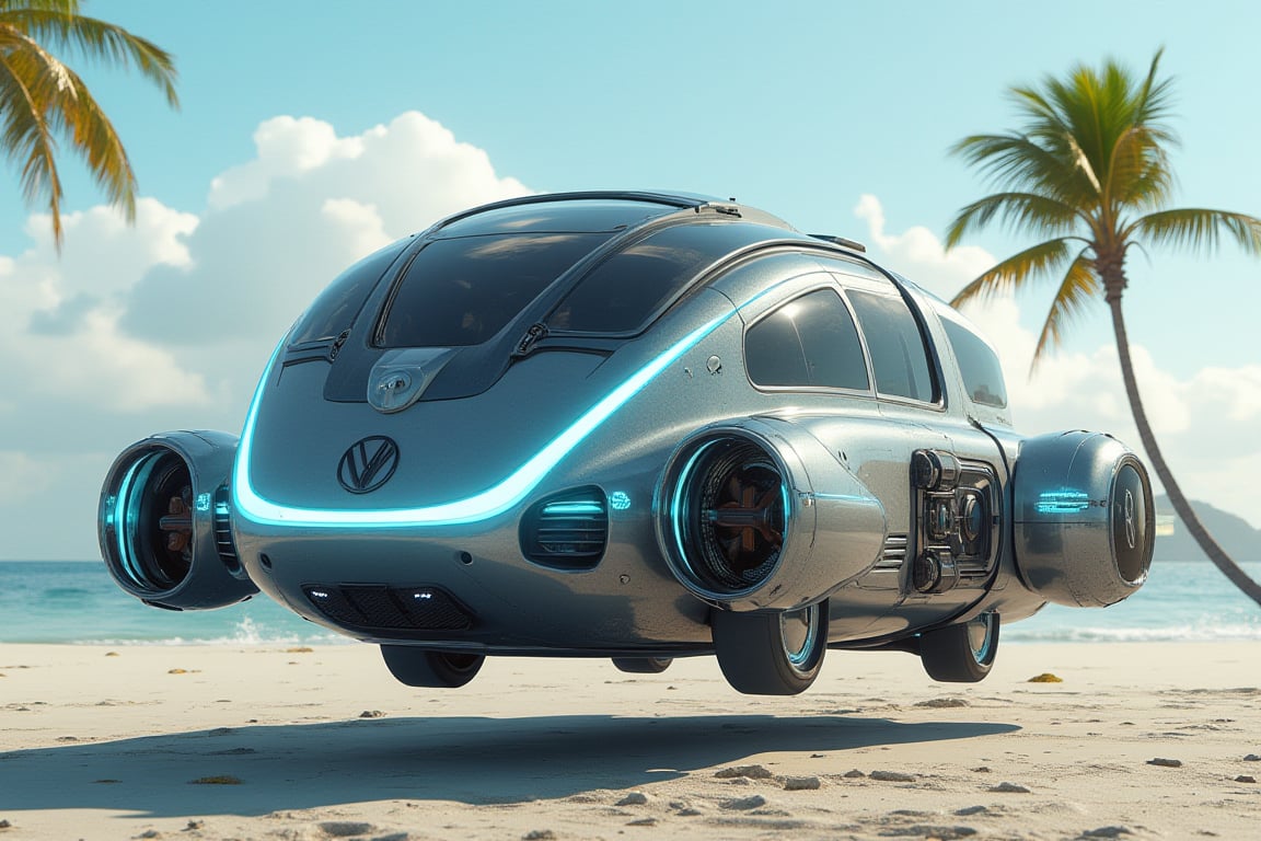 Detailed redesigned futuristic concept take on a retro futuristic 2050 VW camper flying hover ship that doesn't have tires instead it has blue glowing antigravity pads underneath the ship , it's hovering 4'ft above the ground,  on the beach with palm trees in the background 3D Game Cinematic Feel, Epic 3D Videogame Graphics, Intricately Detailed, 8K Resolution, Dynamic Lighting, Unreal Engine 5, CryEngine, masterpiece,best quality,official art, extremely detailed CG unity 8k wallpaper,absurdres,8k resolution,Cinematic Lighting, no tires