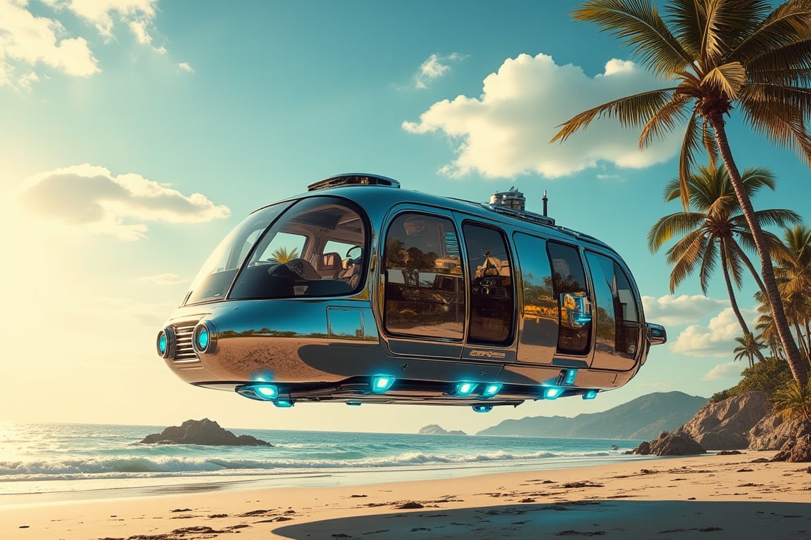 A concept retro-futuristic VW camper van style flying hover craft soars above the sandy beach, its 4 blue glowing antigravity pads aglow underneath as it hovers 4 feet off the ground. Palm trees sway gently in the background, their leaves rustling softly in the breeze. The ship's gleaming metallic surface reflects the warm sunlight, while dynamic lighting casts a radiant glow on the surrounding environment. Intricate details and textures abound, from the ship's vintage-inspired dashboard to the beach's fine grains of sand. In this 3D cinematic masterpiece, Unreal Engine 5 or CryEngine brings the scene to life with unparalleled 8K resolution.