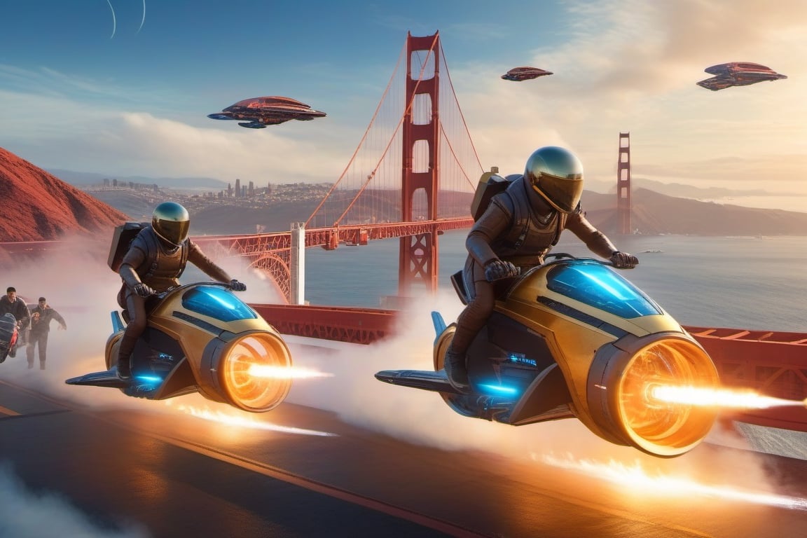 A detailed gang riding futuristic rocket hover bikes, they are riding over the Golden Gate Bridge with a sci-fi city in the background , photorealistic, cinematic, 8k wallpaper ,b2fhboard,science fiction