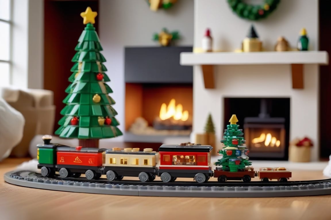 A detailed Lego Christmas scene of a Christmas tree with a toy train running around it on a circular track with presents surrounding it. A fireplace in the background with stocking hanging from the mantle, cinematic,<lora:659095807385103906:1.0>