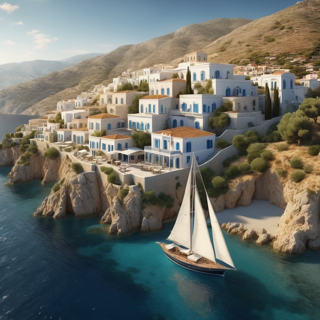A large sailboat sailing in Greece along the coast, Greek style stucco houses on the hillside down to the water, wide airial shot, photorealistic, cinematic, 8k wallpaper ,Extremely Realistic,in the style of LeCinematique