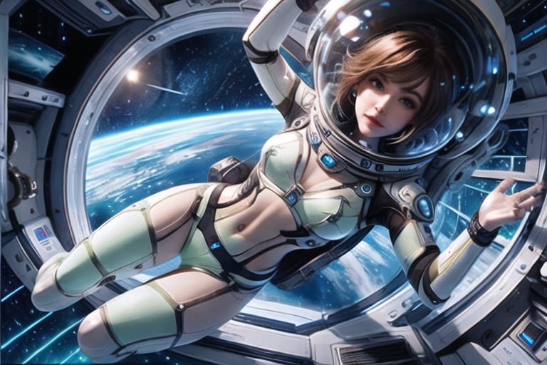 Wide shot of a sultry green-skinned space girl posing seductively in front of a vintage retro sci-fi UFO. She wears a clear helmet, white short shorts, and a tight skimpy shirt that accentuates her 8K-resolution physique. Her delicate green antennae protrude from her head as she smizes with confidence. The sci-fi backdrop is richly detailed, with flashing lights and controls on the UFO's surface. Her brown hair falls straight down her back, framing her face and highlighting her striking green eyes. A tattoo adorns her left shoulder, adding to her allure. She exudes a pin-up model charm, posing effortlessly in lingerie-inspired attire.,vintage_sci-fi,bing_astronaut