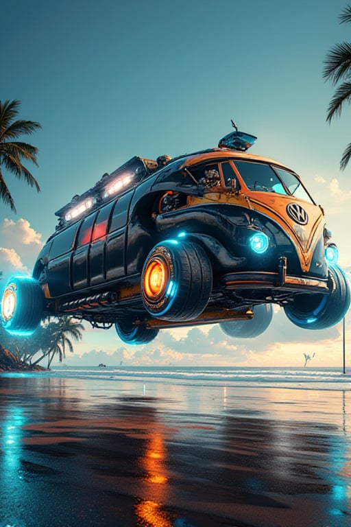 Detailed concept take on a retro futuristic 2050 VW camper flying hover van that has antigravity tires mounted on there side at a 90 degree angle toward the ground with blue glowing Hubcaps and it's hovering 3'ft off the ground on the beach with palm trees in the background 3D Game Cinematic Feel, Epic 3D Videogame Graphics, Intricately Detailed, 8K Resolution, Dynamic Lighting, Unreal Engine 5, CryEngine, masterpiece,best quality,official art, extremely detailed CG unity 8k wallpaper,absurdres,8k resolution,Cinematic Lighting