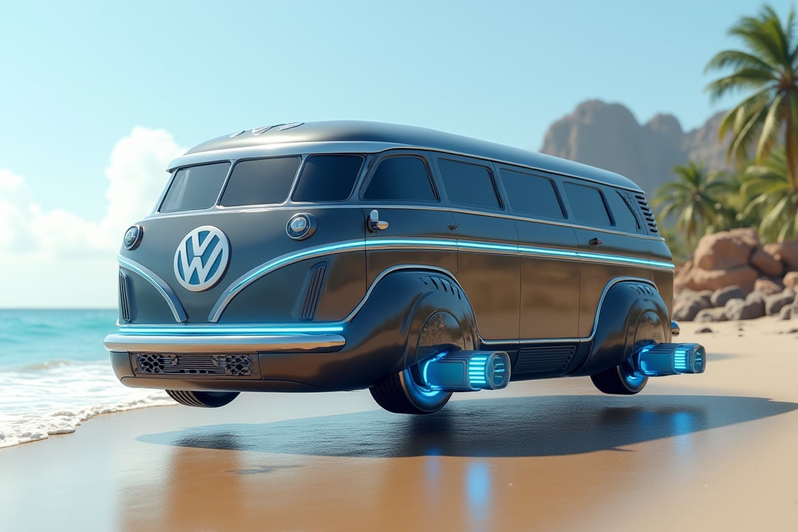 Detailed redesigned futuristic concept take on a retro futuristic 2050 VW camper flying hover van that which is longer and wider it has blue glowing antigravity discs under vehicle where tires would be and it's hovering 3'ft above the ground,  on the beach with palm trees in the background 3D Game Cinematic Feel, Epic 3D Videogame Graphics, Intricately Detailed, 8K Resolution, Dynamic Lighting, Unreal Engine 5, CryEngine, masterpiece,best quality,official art, extremely detailed CG unity 8k wallpaper,absurdres,8k resolution,Cinematic Lighting