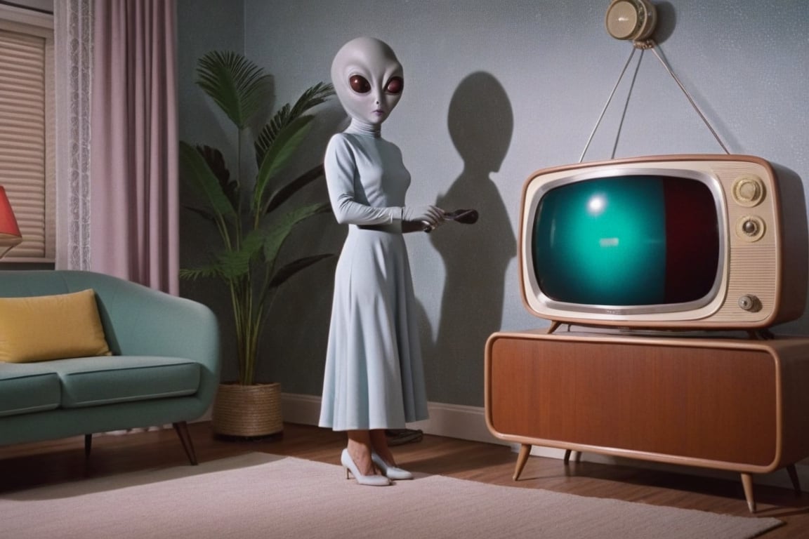 Scene of a 1950's livingroom with a grey alien standing pulling off a rubber human housewife vfx  suit, a retro tv and radio console in the background, Photorealistic, cinematic, 8k wallpaper ,1girl,greg rutkowski
