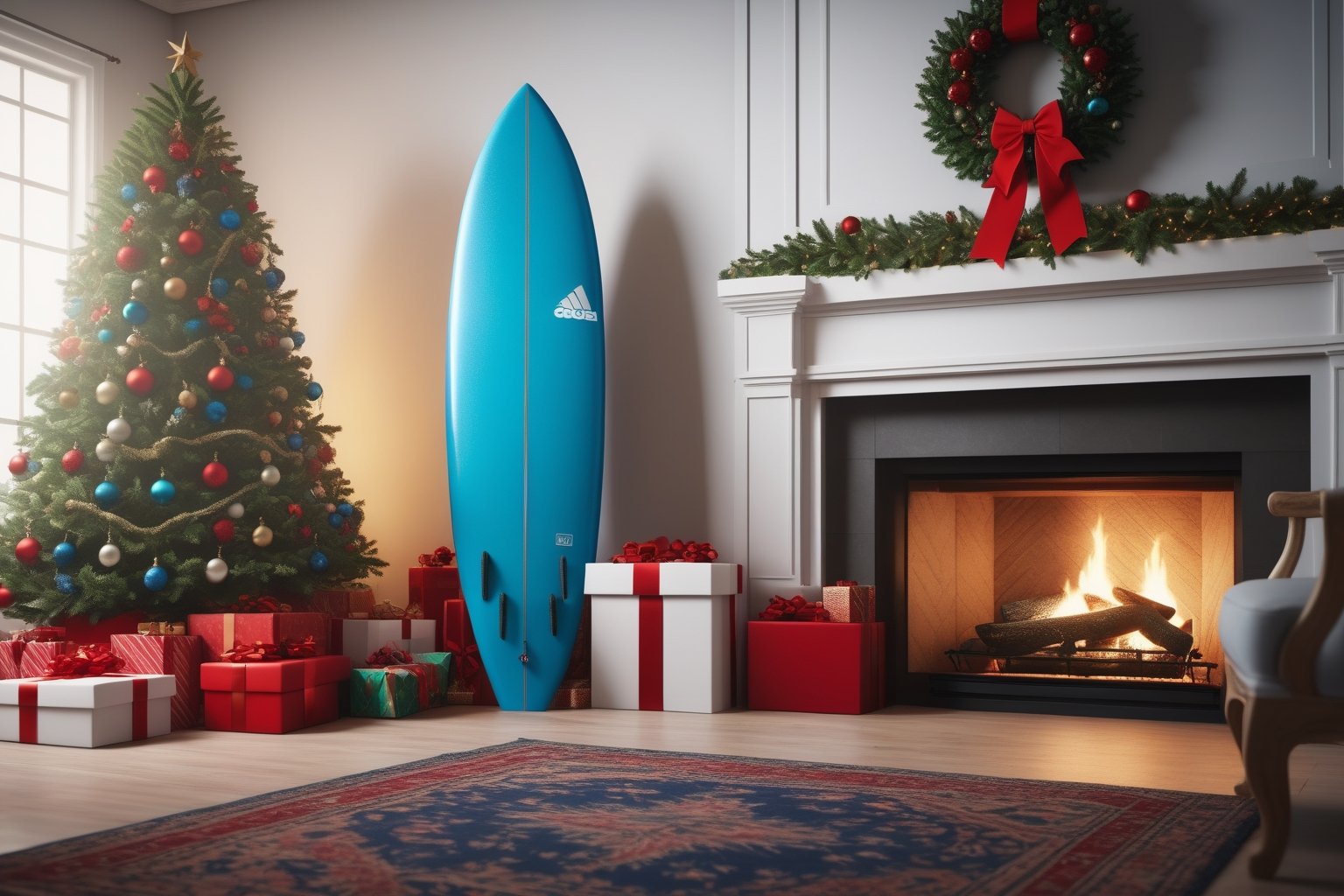 a new  blue surfboard is standing upright with a big red bow on it leaning against the fireplace mantle next to a large decorated Christmas tree surrounded by lots of presents, photorealistic, cinematic, 8k wallpaper 
