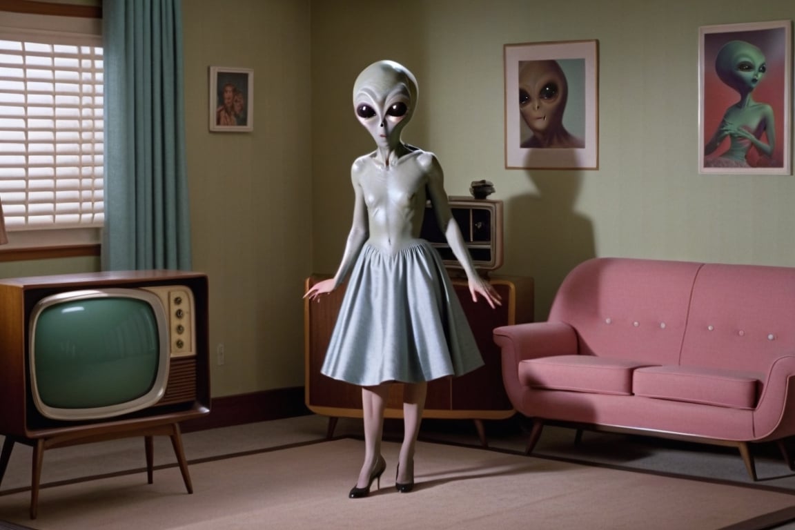 Scene of a 1950's livingroom with a grey alien woman standing taking off a dress from her housewife costume and there's a female face mask and beehive wig on the floor, a retro tv and radio console in the background, Photorealistic, cinematic, 8k wallpaper ,1girl,greg rutkowski,alien_woman