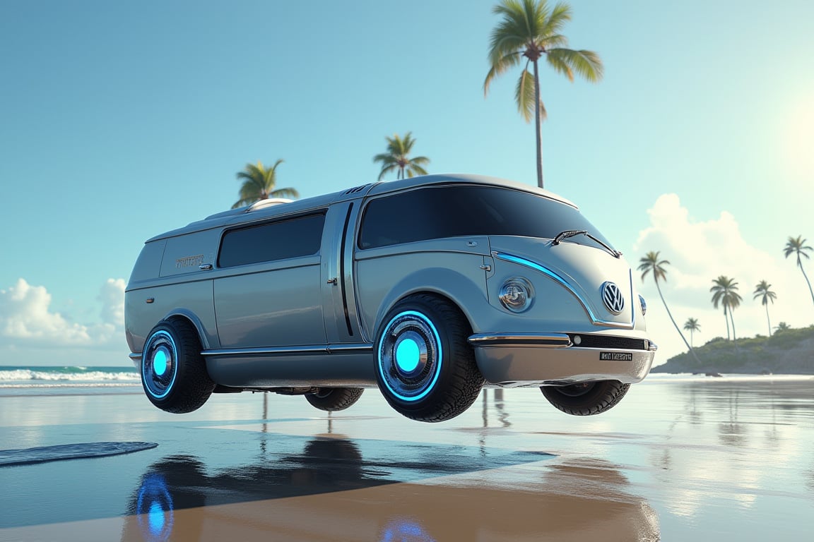 Detailed redesigned futuristic concept take on a retro futuristic 2050 VW camper flying hover van that which is longer and wider it has blue glowing antigravity discs where tires would be and it's hovering 3'ft above the ground,  on the beach with palm trees in the background 3D Game Cinematic Feel, Epic 3D Videogame Graphics, Intricately Detailed, 8K Resolution, Dynamic Lighting, Unreal Engine 5, CryEngine, masterpiece,best quality,official art, extremely detailed CG unity 8k wallpaper,absurdres,8k resolution,Cinematic Lighting