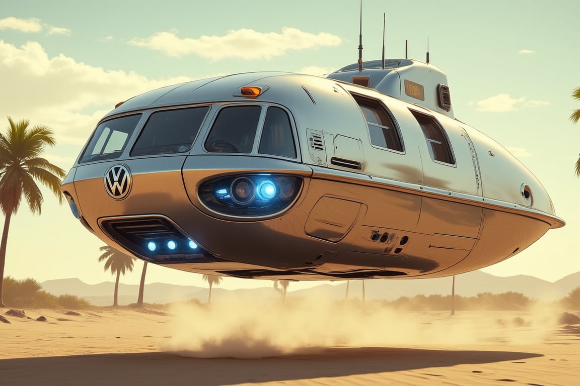 A concept retro-futuristic VW camper van style flying hover craft soars above the sandy beach, its 4 blue glowing antigravity pads aglow underneath as it hovers 4 feet off the ground. Palm trees sway gently in the background, their leaves rustling softly in the breeze. The ship's gleaming metallic surface reflects the warm sunlight, while dynamic lighting casts a radiant glow on the surrounding environment. Intricate details and textures abound, from the ship's vintage-inspired dashboard to the beach's fine grains of sand. In this 3D cinematic masterpiece, Unreal Engine 5 or CryEngine brings the scene to life with unparalleled 8K resolution.