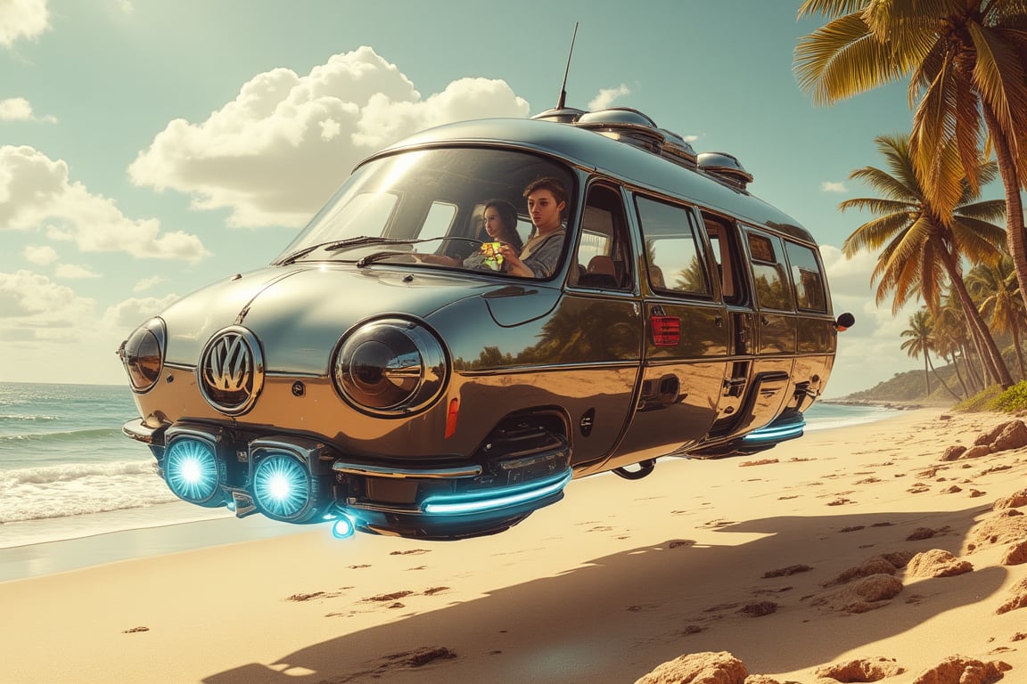 A concept retro-futuristic VW camper van style flying hover craft soars above the sandy beach, its 4 blue glowing antigravity pads aglow underneath as it hovers 4 feet off the ground. Palm trees sway gently in the background, their leaves rustling softly in the breeze. The ship's gleaming metallic surface reflects the warm sunlight, while dynamic lighting casts a radiant glow on the surrounding environment. Intricate details and textures abound, from the ship's vintage-inspired dashboard to the beach's fine grains of sand. In this 3D cinematic masterpiece, Unreal Engine 5 or CryEngine brings the scene to life with unparalleled 8K resolution.